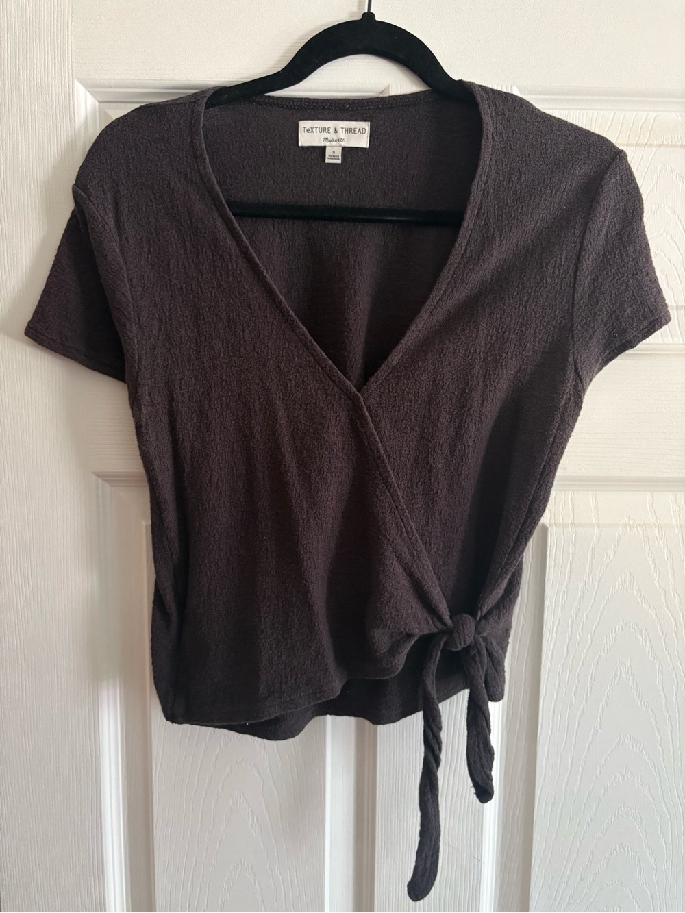 Madewell Texture & Thread short sleeve blouse top v neck wrap tie black S